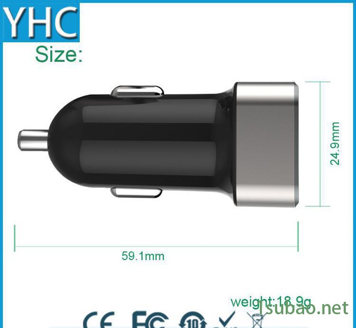 直销方形铝合金车充 2.4A双USB新款私模带led光环车载图3