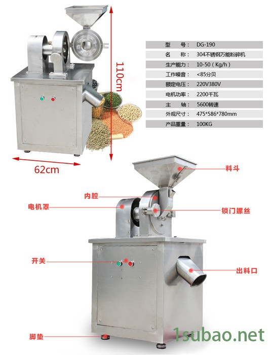 304不锈钢商用超细药材粉碎机DG-190工业粉碎机化工调料白糖打粉机 磨粉机图2