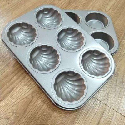 廠家直銷金色6連蛋糕烘焙工具 家用不沾底托盤烤盤烤箱用貝殼形