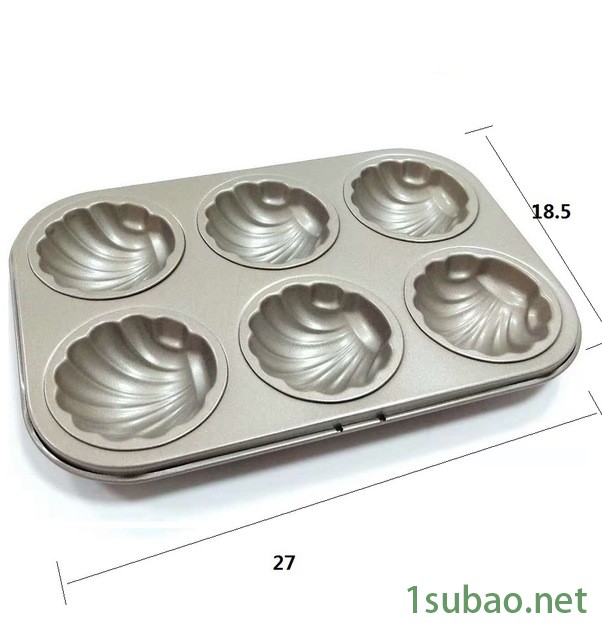 厂家直销金色6连蛋糕烘焙工具 家用不沾底托盘烤盘烤箱用贝壳形图5