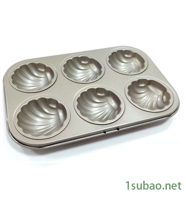 厂家直销金色6连蛋糕烘焙工具 家用不沾底托盘烤盘烤箱用贝壳形图3