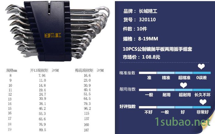 GERAT WALL/长城精工 平板镜抛两用扳手组套 开口双梅花扳手组套 双呆扳手组套10件套装 五金工具汽修组套图6