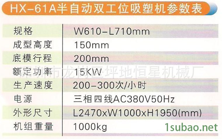 HX-61A半自动双工位吸塑成型机参数