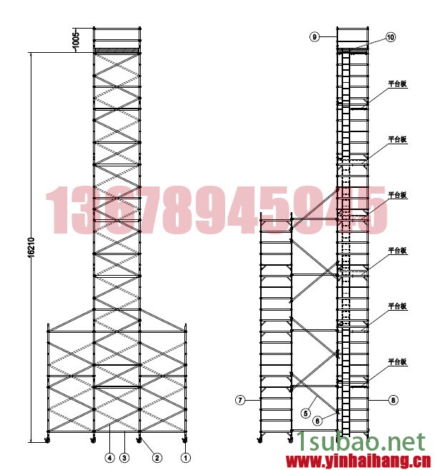 快裝鋁合金移動式手腳架 鋁合金6082材料 腳手架12米鋁制品塔架示例圖1